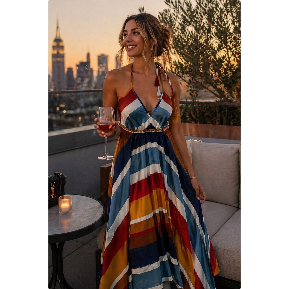 Aakaa Striped Halter Handkerchief Hem Midi Dress Size M NWT Boho Sundress